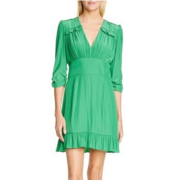 Smythe Ruffle Detail Mini Dress in Emerald Green Satin Padded Shoulder V-Neck P - Picture 1 of 4